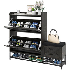 Farmhouse Shoe Storage Cabinet with 2 Flip Drawers for 16 Pairs Entryway Shoe Storage with Shoe Bench
