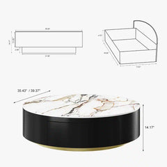 Modern Drum Coffee Table with Oak Veneer, Sintered Stone Coffee Table with 2 Solid Wood Drawers