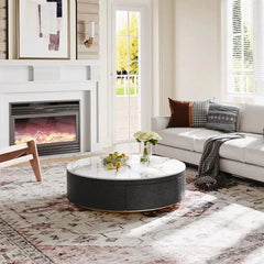 Modern Drum Coffee Table with Oak Veneer, Sintered Stone Coffee Table with 2 Solid Wood Drawers