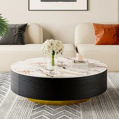 Modern Drum Coffee Table with Oak Veneer, Sintered Stone Coffee Table with 2 Solid Wood Drawers