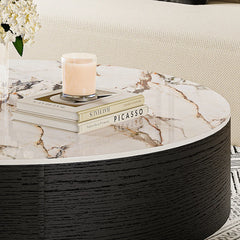 Modern Drum Coffee Table with Oak Veneer, Sintered Stone Coffee Table with 2 Solid Wood Drawers