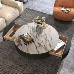 Modern Drum Coffee Table with Oak Veneer, Sintered Stone Coffee Table with 2 Solid Wood Drawers