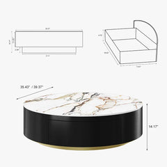 Modern Drum Coffee Table with Oak Veneer, Sintered Stone Coffee Table with 2 Solid Wood Drawers