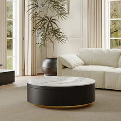 Modern Drum Coffee Table with Oak Veneer, Sintered Stone Coffee Table with 2 Solid Wood Drawers