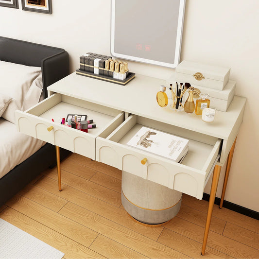 Modern Cream White Vanity Desk With 2 Drawers, Small Vanity With Golden Legs