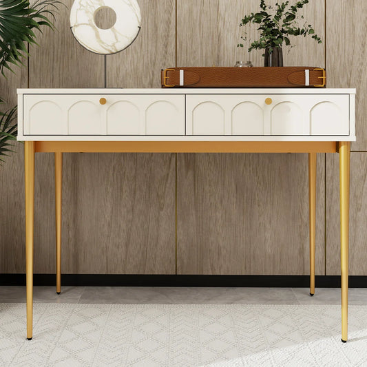 Modern Cream White Vanity Desk With 2 Drawers, Small Vanity With Golden Legs