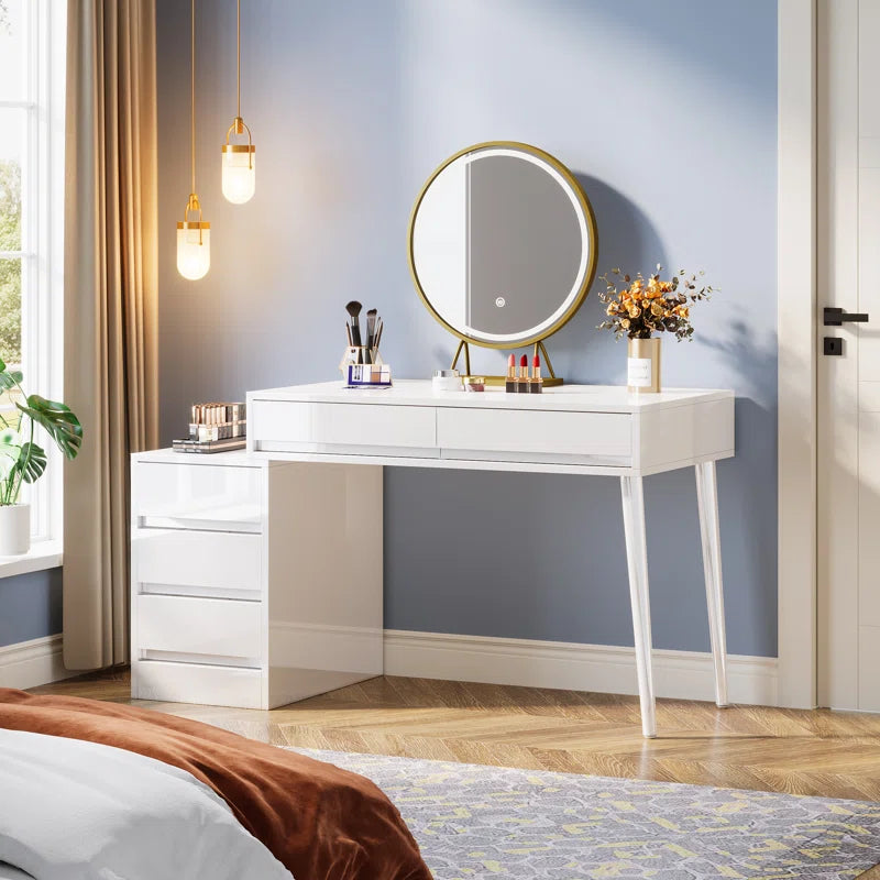 Hallopin Modern Makeup Vanity Dressing Desk Table with 5 Reversible Drawer Glossy White (Without Mirror)