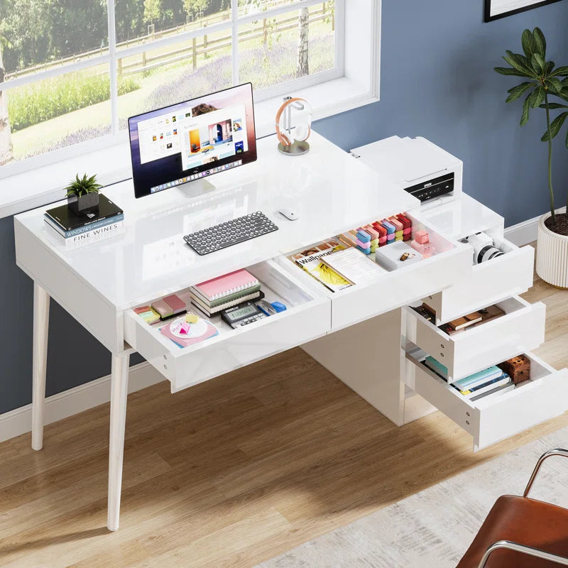 Hallopin Modern Makeup Vanity Dressing Desk Table with 5 Reversible Drawer Glossy White (Without Mirror)