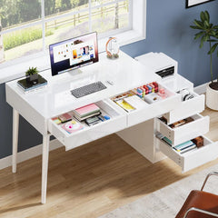 Hallopin Modern Makeup Vanity Dressing Desk Table with 5 Reversible Drawer Glossy White (Without Mirror)
