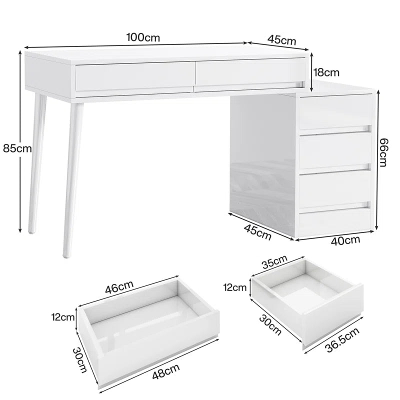 Hallopin Modern Makeup Vanity Dressing Desk Table with 5 Reversible Drawer Glossy White (Without Mirror)