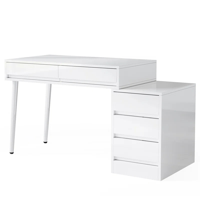 Hallopin Modern Makeup Vanity Dressing Desk Table with 5 Reversible Drawer Glossy White (Without Mirror)