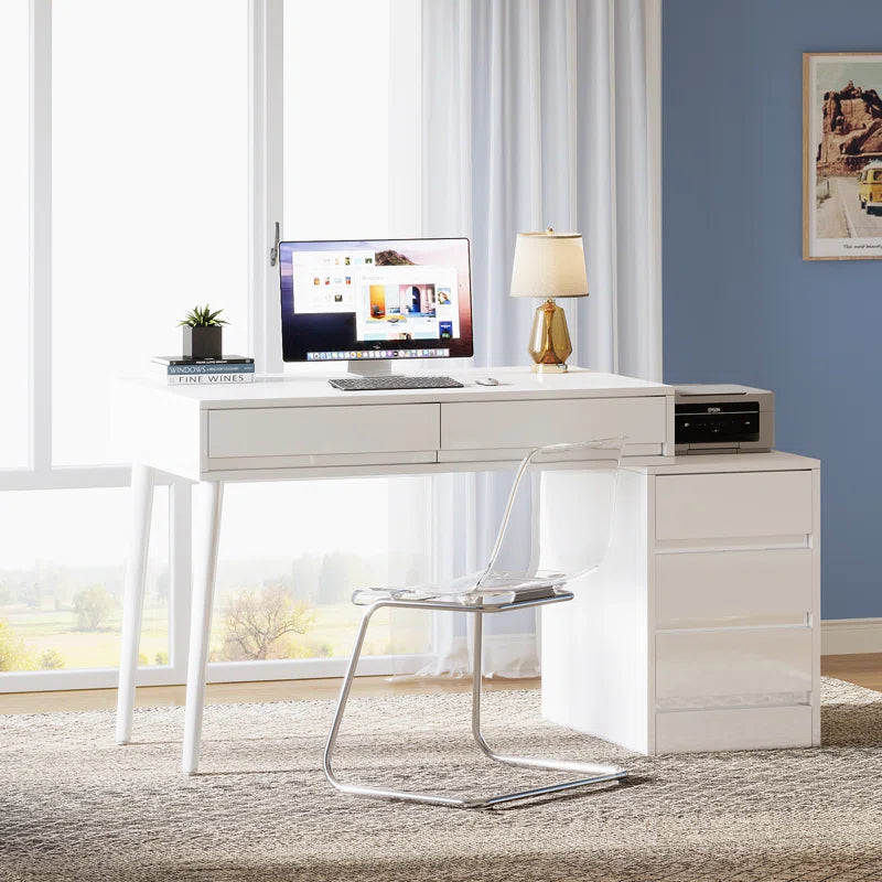 Hallopin Modern Makeup Vanity Dressing Desk Table with 5 Reversible Drawer Glossy White (Without Mirror)