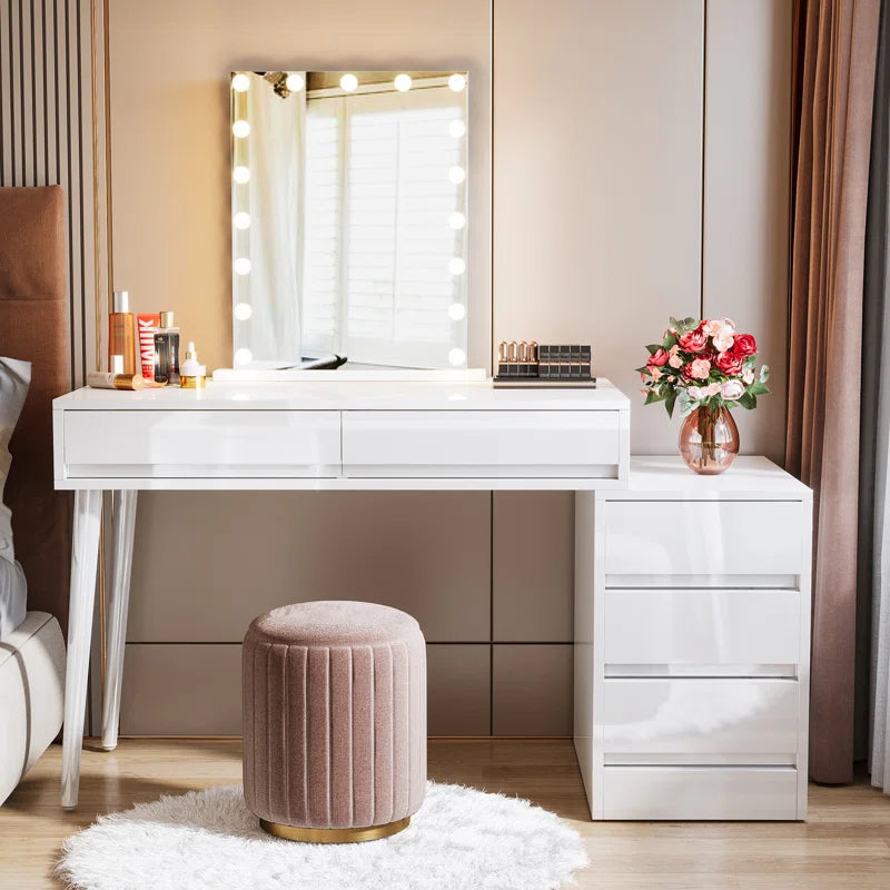 Hallopin Modern Makeup Vanity Dressing Desk Table with 5 Reversible Drawer Glossy White (Without Mirror)