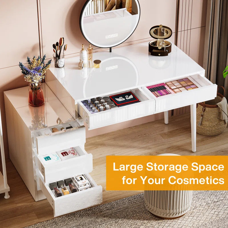 Hallopin Modern Makeup Vanity Dressing Desk Table with 5 Reversible Drawer Glossy White (Without Mirror)