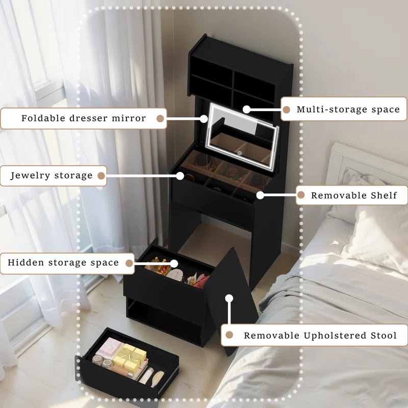 Kinared Modern Makeup Vanity Dressing Table With Flip Top LED Illuminated Mirror And Removable Upholstered Stool