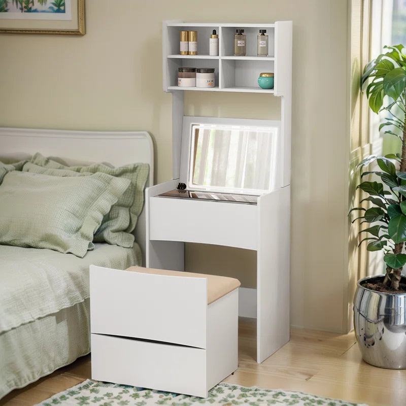 Kinared Modern Makeup Vanity Dressing Table With Flip Top LED Illuminated Mirror And Removable Upholstered Stool