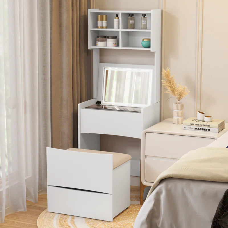 Kinared Modern Makeup Vanity Dressing Table With Flip Top LED Illuminated Mirror And Removable Upholstered Stool