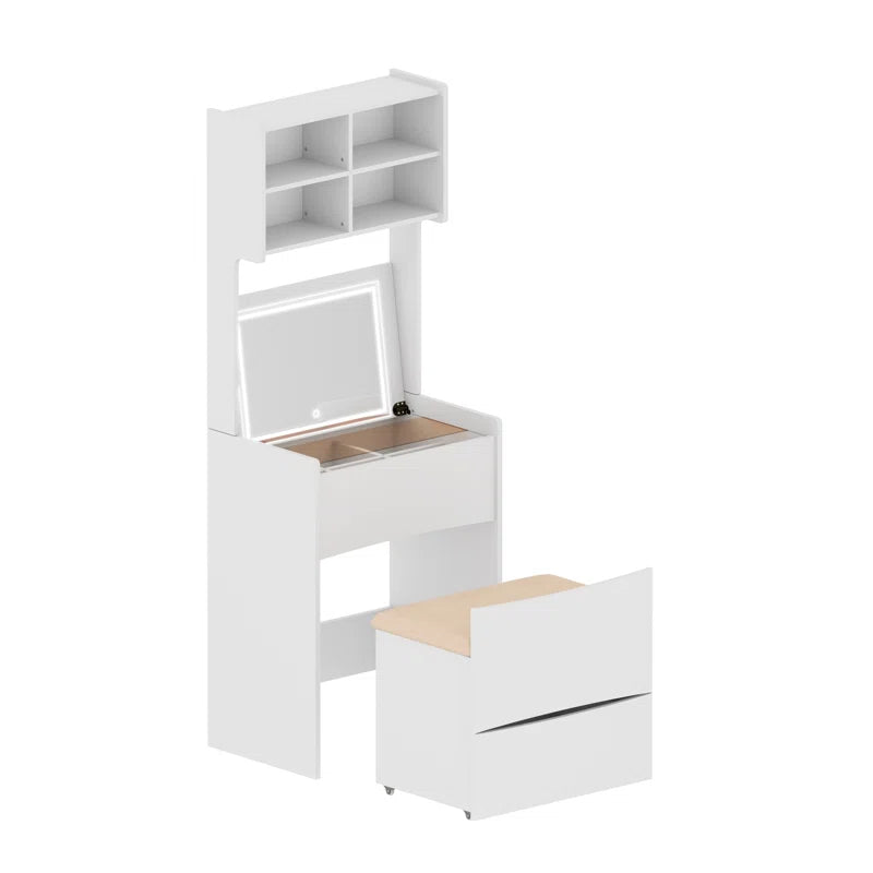 Kinared Modern Makeup Vanity Dressing Table With Flip Top LED Illuminated Mirror And Removable Upholstered Stool