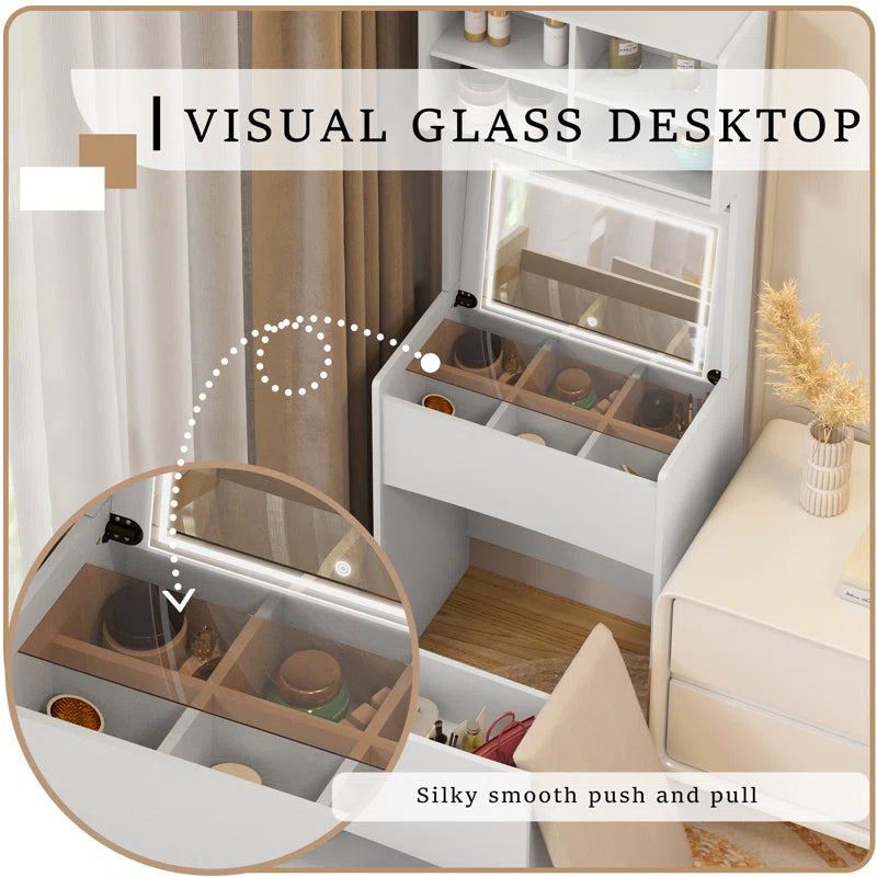 Kinared Modern Makeup Vanity Dressing Table With Flip Top LED Illuminated Mirror And Removable Upholstered Stool