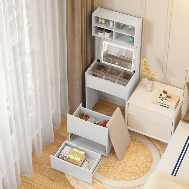 Kinared Modern Makeup Vanity Dressing Table With Flip Top LED Illuminated Mirror And Removable Upholstered Stool