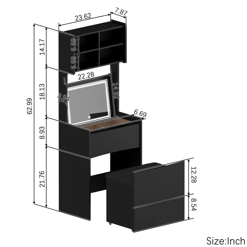 Kinared Modern Makeup Vanity Dressing Table With Flip Top LED Illuminated Mirror And Removable Upholstered Stool