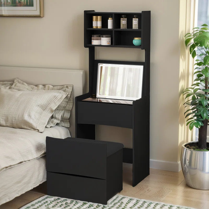 Kinared Modern Makeup Vanity Dressing Table With Flip Top LED Illuminated Mirror And Removable Upholstered Stool