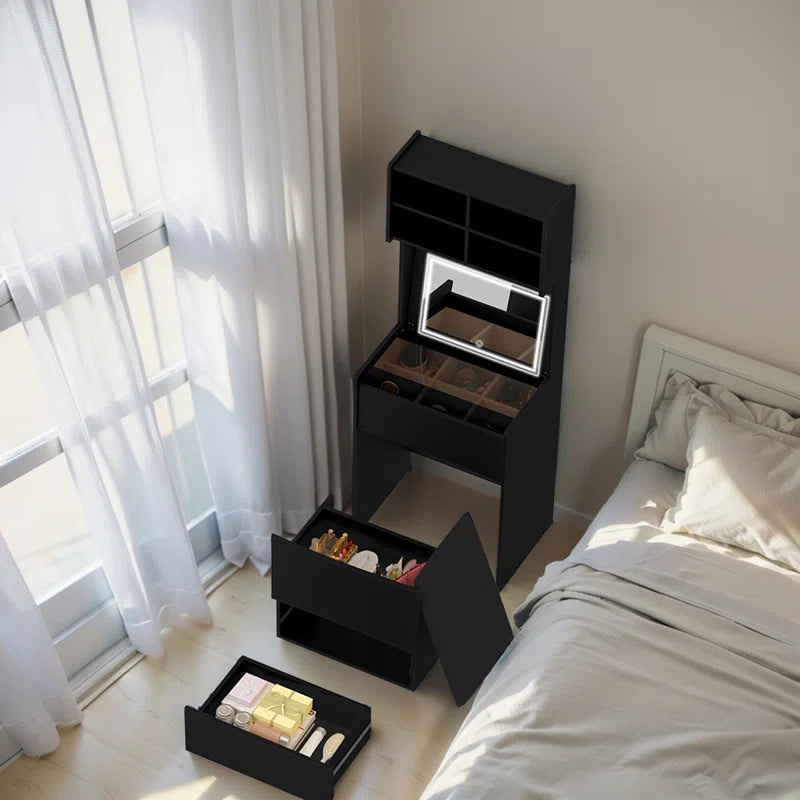 Kinared Modern Makeup Vanity Dressing Table With Flip Top LED Illuminated Mirror And Removable Upholstered Stool
