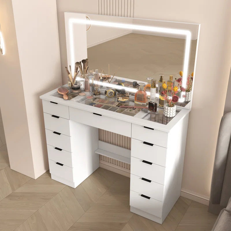 Livperon Modern Makeup Vanity With LED Lights And Glass Top