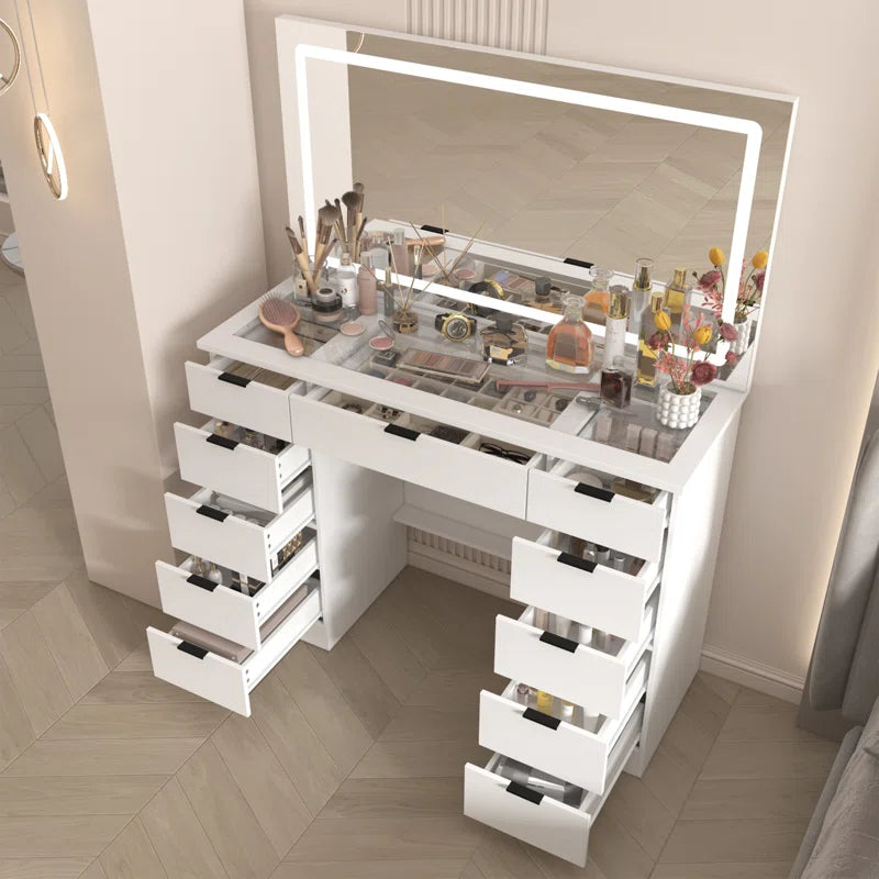 Livperon Modern Makeup Vanity With LED Lights And Glass Top