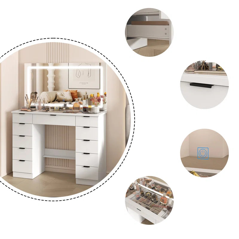 Livperon Modern Makeup Vanity With LED Lights And Glass Top