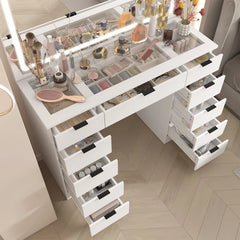 Livperon Modern Makeup Vanity With LED Lights And Glass Top