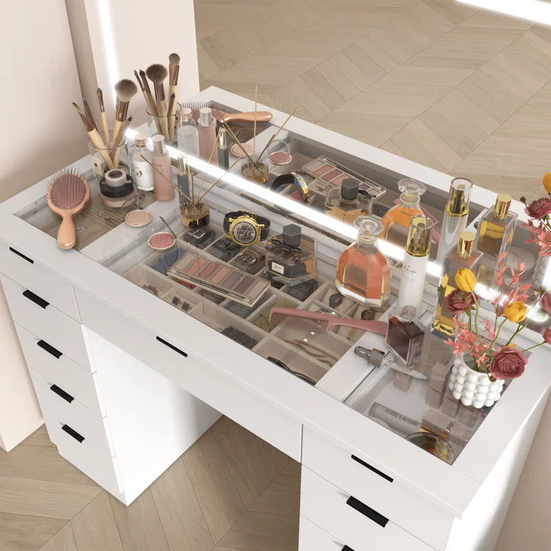 Livperon Modern Makeup Vanity With LED Lights And Glass Top