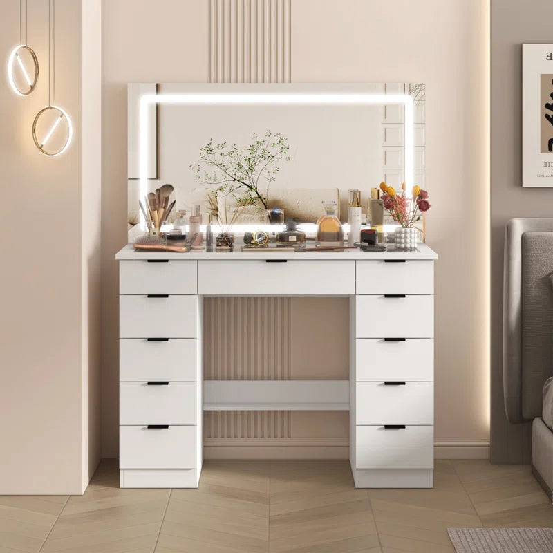Livperon Modern Makeup Vanity With LED Lights And Glass Top