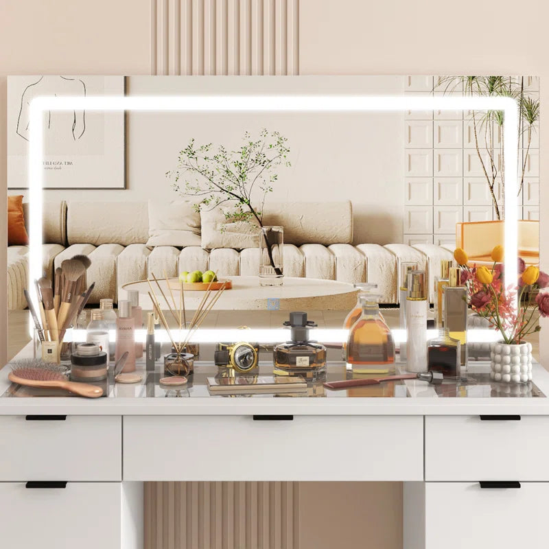 Livperon Modern Makeup Vanity With LED Lights And Glass Top
