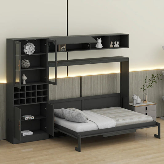 Murphy Bed Wall Bed With Sofa , Shelves USB & Light - Wooden Bazar