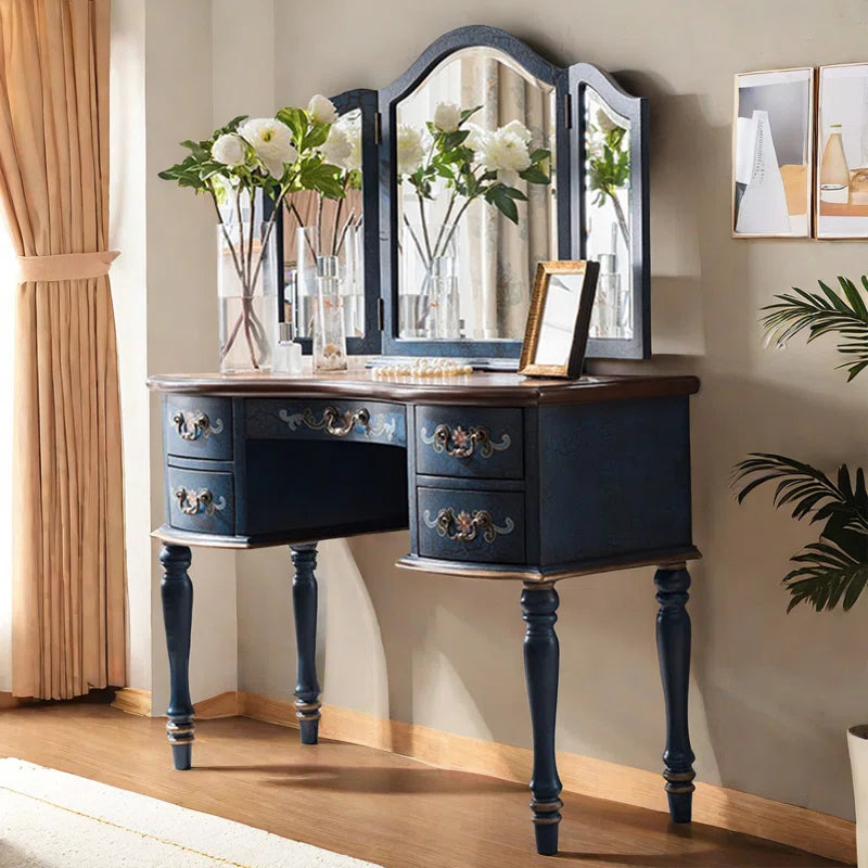 Salgester Classic Navy Blue Vintage Vanity Table with Ornate Detailing and Tri-Fold Mirror