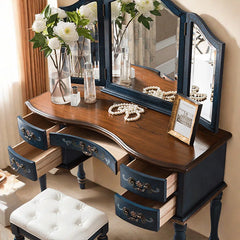 Salgester Classic Navy Blue Vintage Vanity Table with Ornate Detailing and Tri-Fold Mirror