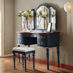 Salgester Classic Navy Blue Vintage Vanity Table with Ornate Detailing and Tri-Fold Mirror