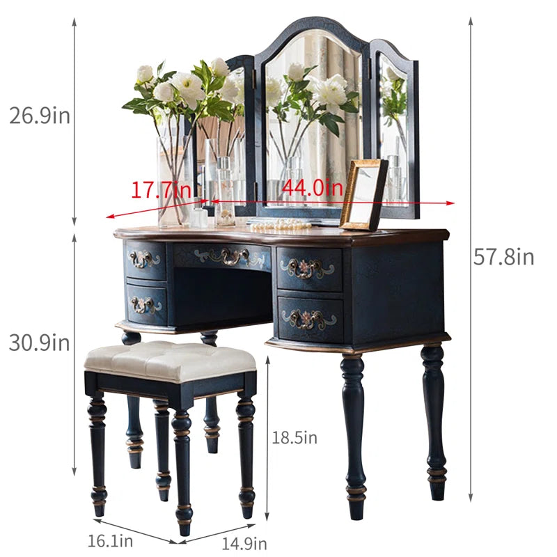 Salgester Classic Navy Blue Vintage Vanity Table with Ornate Detailing and Tri-Fold Mirror