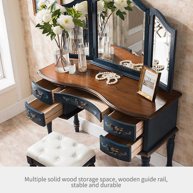 Salgester Classic Navy Blue Vintage Vanity Table with Ornate Detailing and Tri-Fold Mirror