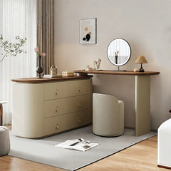HAVELSTON Modern Beige Vanity Table Set with Wooden Top Round Mirror Ample Storage Drawers and Stylish Chair