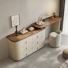 HAVELSTON Modern Beige Vanity Table Set with Wooden Top Round Mirror Ample Storage Drawers and Stylish Chair