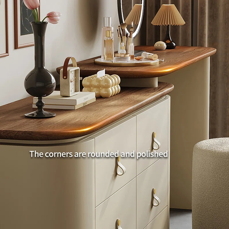 HAVELSTON Modern Beige Vanity Table Set with Wooden Top Round Mirror Ample Storage Drawers and Stylish Chair