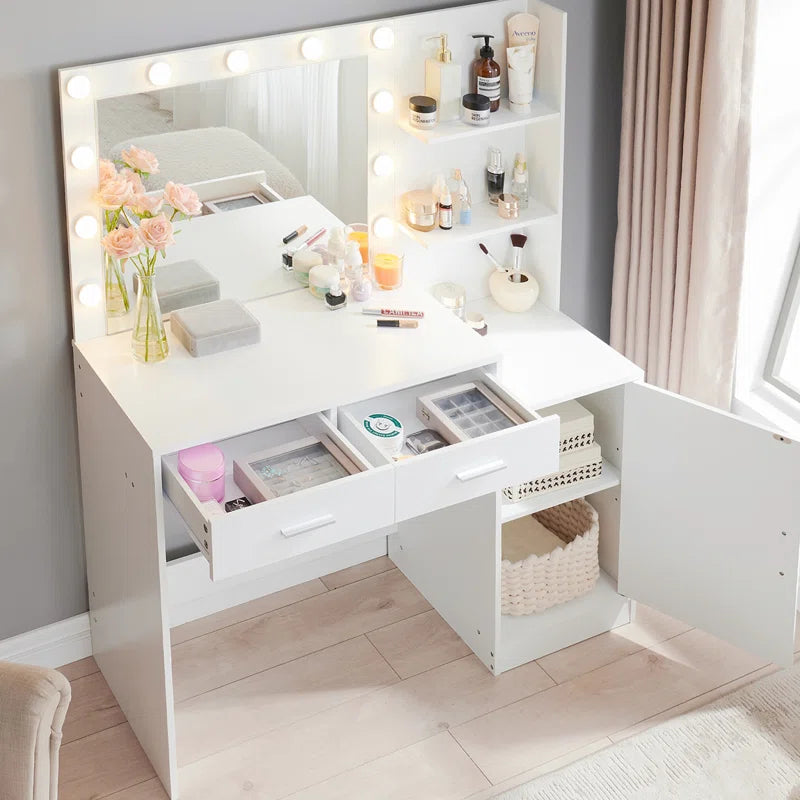 Halixer  Vanity Desk with Mirror and sDressing Table with 2 Large DrawerLarge Vertical Organizer