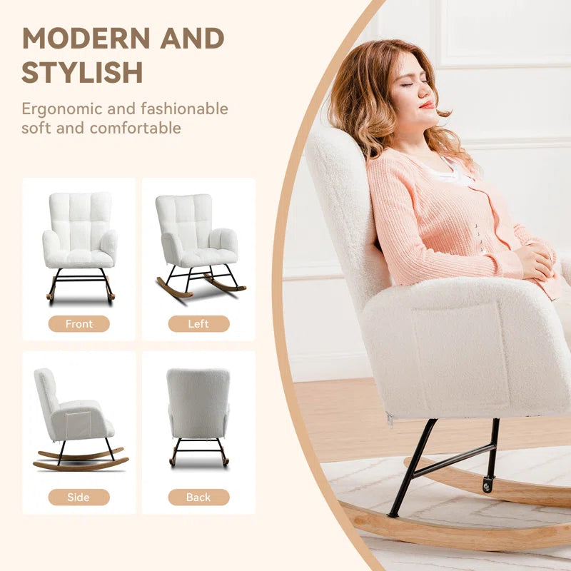 Swedy Upholstered Nursery Glider Rocking Chair with Side Pockets