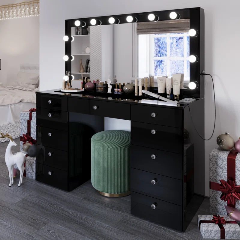Wilson Extra-Large Makeup Vanity with Bluetooth With LED Lights USB Ports Power Outlet and 11 Spacious Drawers