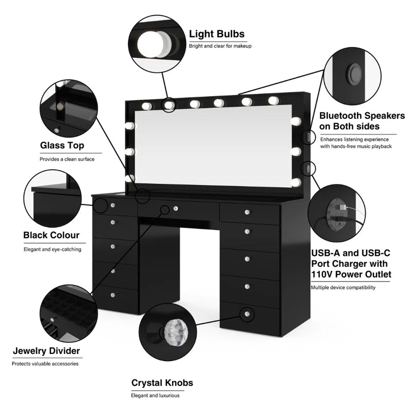 Wilson Extra-Large Makeup Vanity with Bluetooth With LED Lights USB Ports Power Outlet and 11 Spacious Drawers