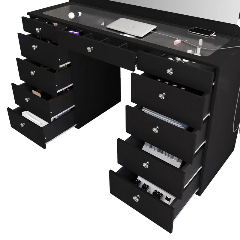 Wilson Extra-Large Makeup Vanity with Bluetooth With LED Lights USB Ports Power Outlet and 11 Spacious Drawers