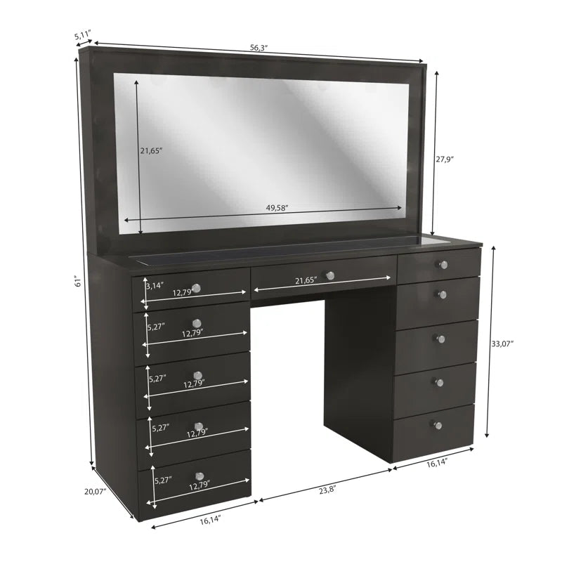 Wilson Extra-Large Makeup Vanity with Bluetooth With LED Lights USB Ports Power Outlet and 11 Spacious Drawers