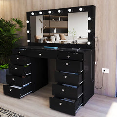 Wilson Extra-Large Makeup Vanity with Bluetooth With LED Lights USB Ports Power Outlet and 11 Spacious Drawers